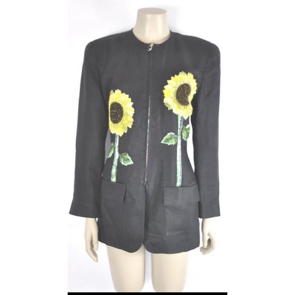 Vtg Emanuel Ungaro Beaded Sequin 3D Sunflowers Linen Designer Black Jacket 10/12